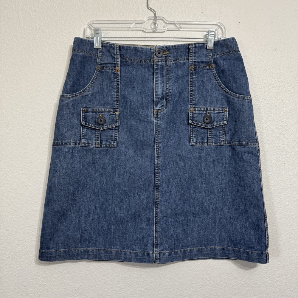 Cherokee Blue Medium Wash Denim Knee Length Skirt Womens Size 12 Y2K Cargo